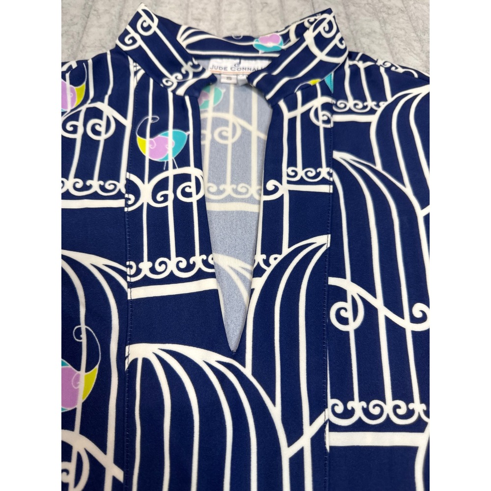 Jude‎ Connally Birdcage Print Tunic Top Navy Blue White Split Neck Womens Small